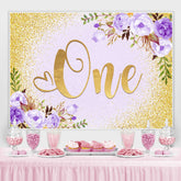 Lofaris Purple Floral And Gold Glitter 1st Birthday Backdrop